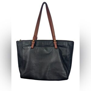 Fossil Black Leather Tote Bag Zippered Shopper Handbag Brown Straps Large